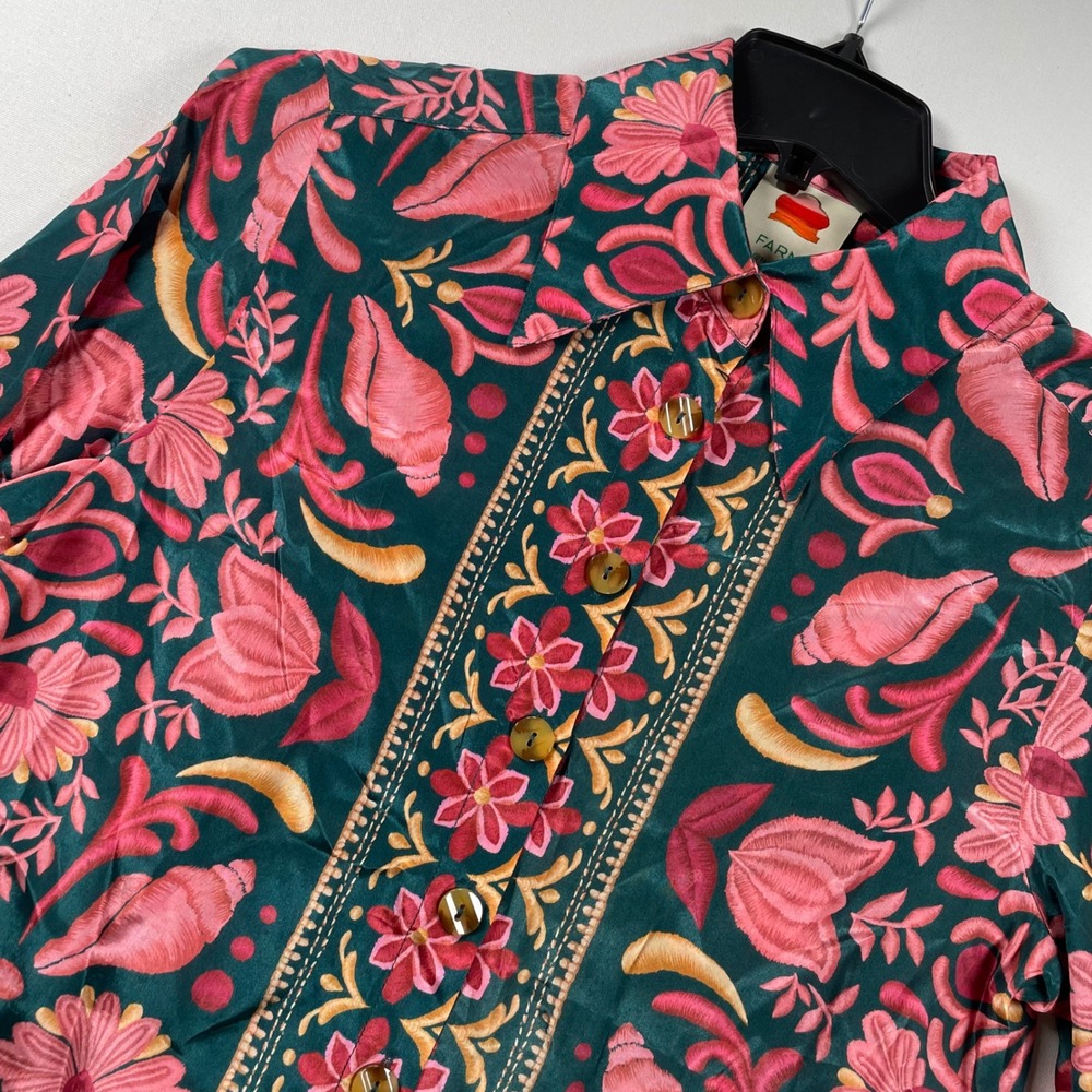 Farm Rio Womens Green Pink Floral Seashell Viscose Button Down Blouse Small - Picture 1 of 9